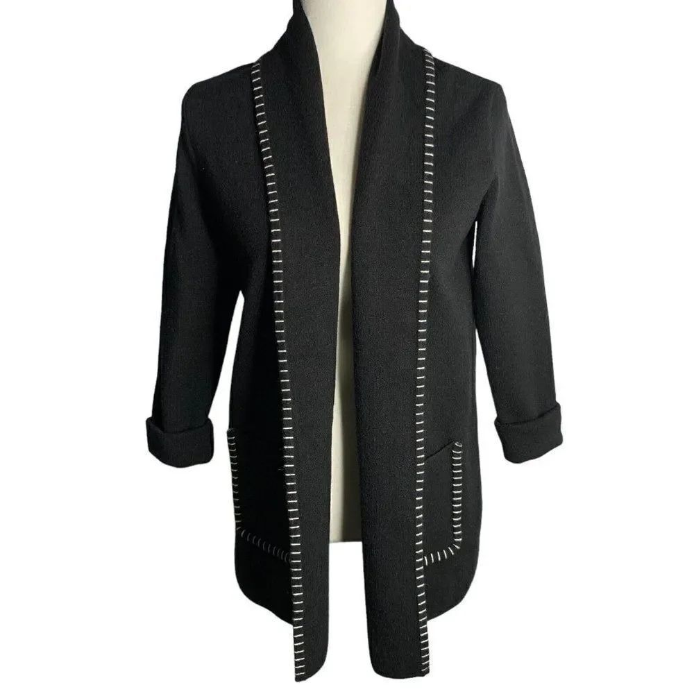 Magaschoni Open Front Cardigan Sweater S Black Knit Pockets Blanket Stitch Trim